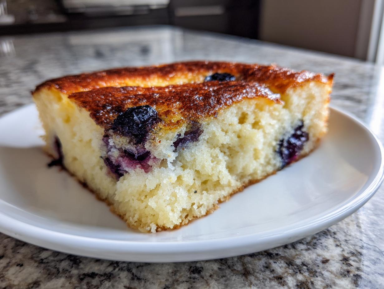 Close-up of a thick slice of blueberry sheet pan pancakes with a golden-brown top.