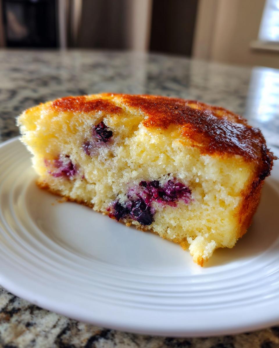 Close-up of a thick, golden slice of blueberry sheet pan pancakes served on a white plate.