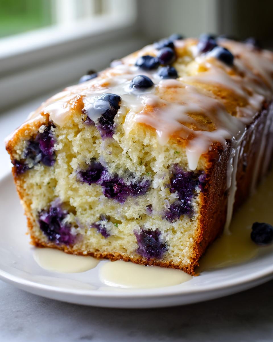 Close-up of a moist blueberry zucchini bread loaf drizzled with white glaze and fresh blueberries.