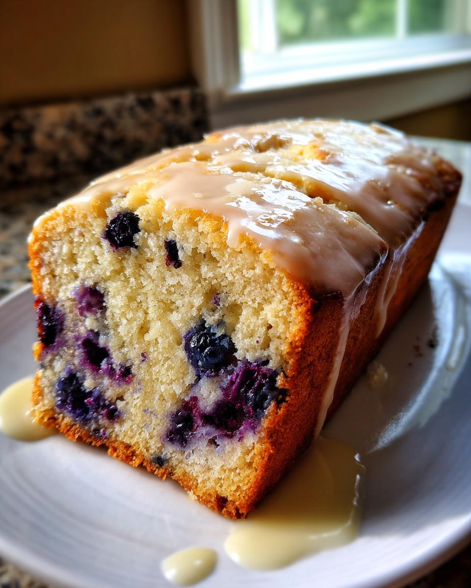 Close-up of a slice of moist blueberry zucchini bread topped with a thick vanilla glaze.