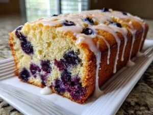A loaf of moist blueberry zucchini bread, sliced to show the interior filled with blueberries and topped with a white glaze.