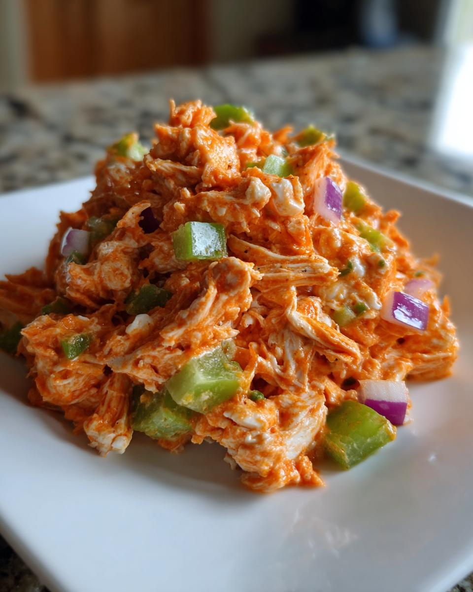 A mound of vibrant orange buffalo chicken salad mixed with celery and red onion chunks on a white plate.