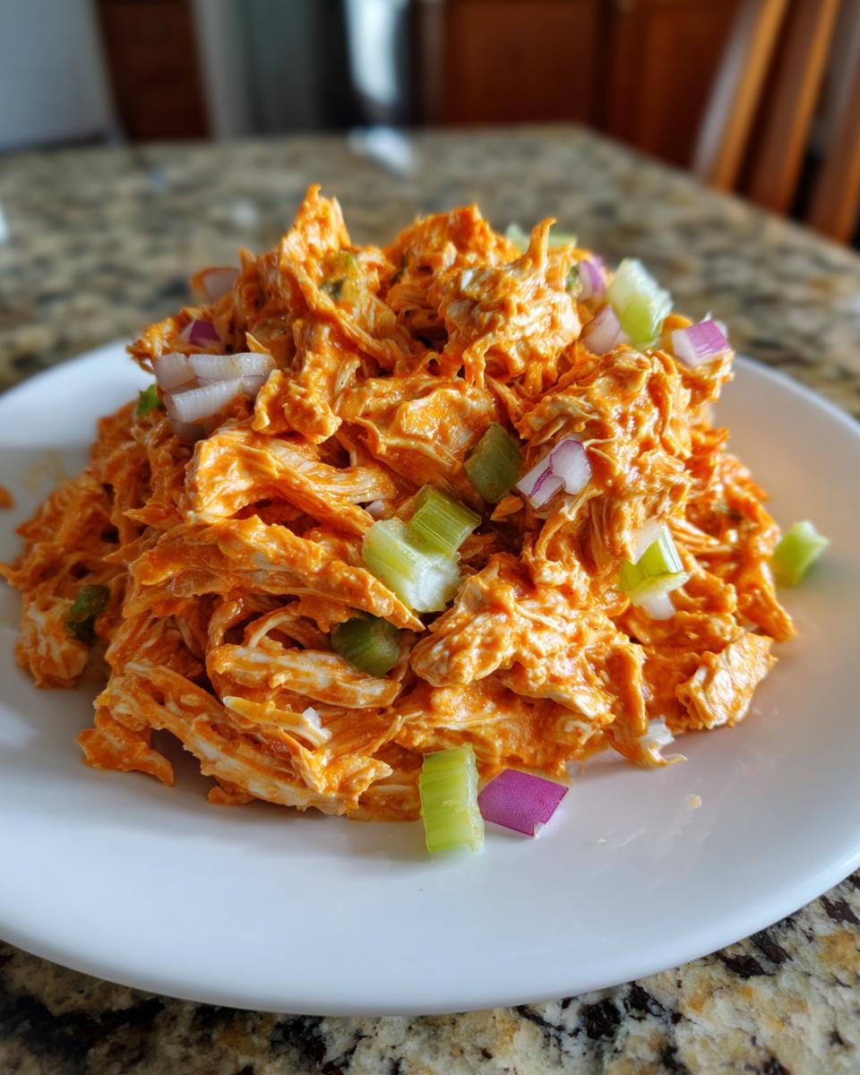 A mound of vibrant orange buffalo chicken salad mixed with chopped celery and red onion served on a white plate.