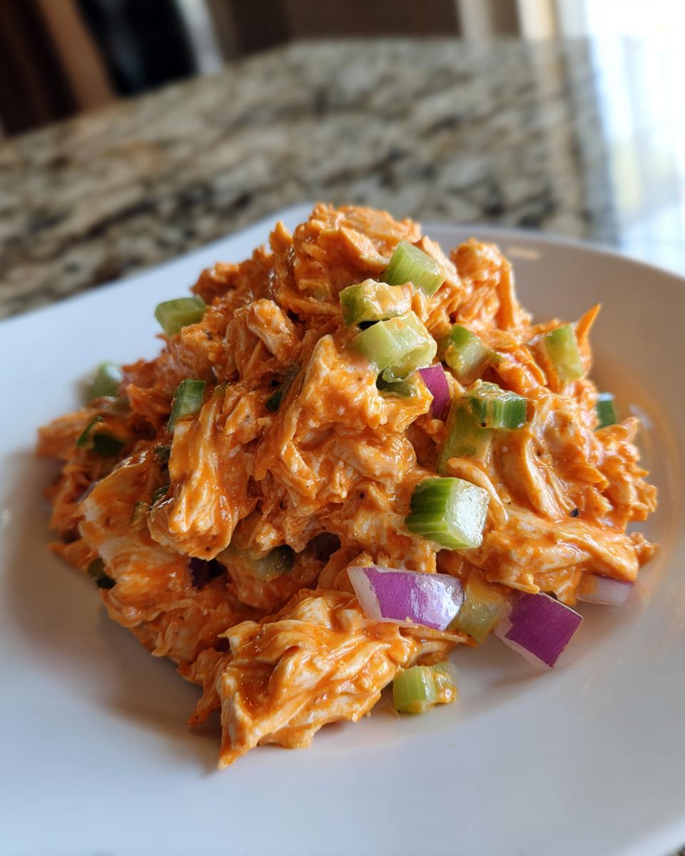 A mound of vibrant orange buffalo chicken salad mixed with celery and red onion pieces served on a white plate.