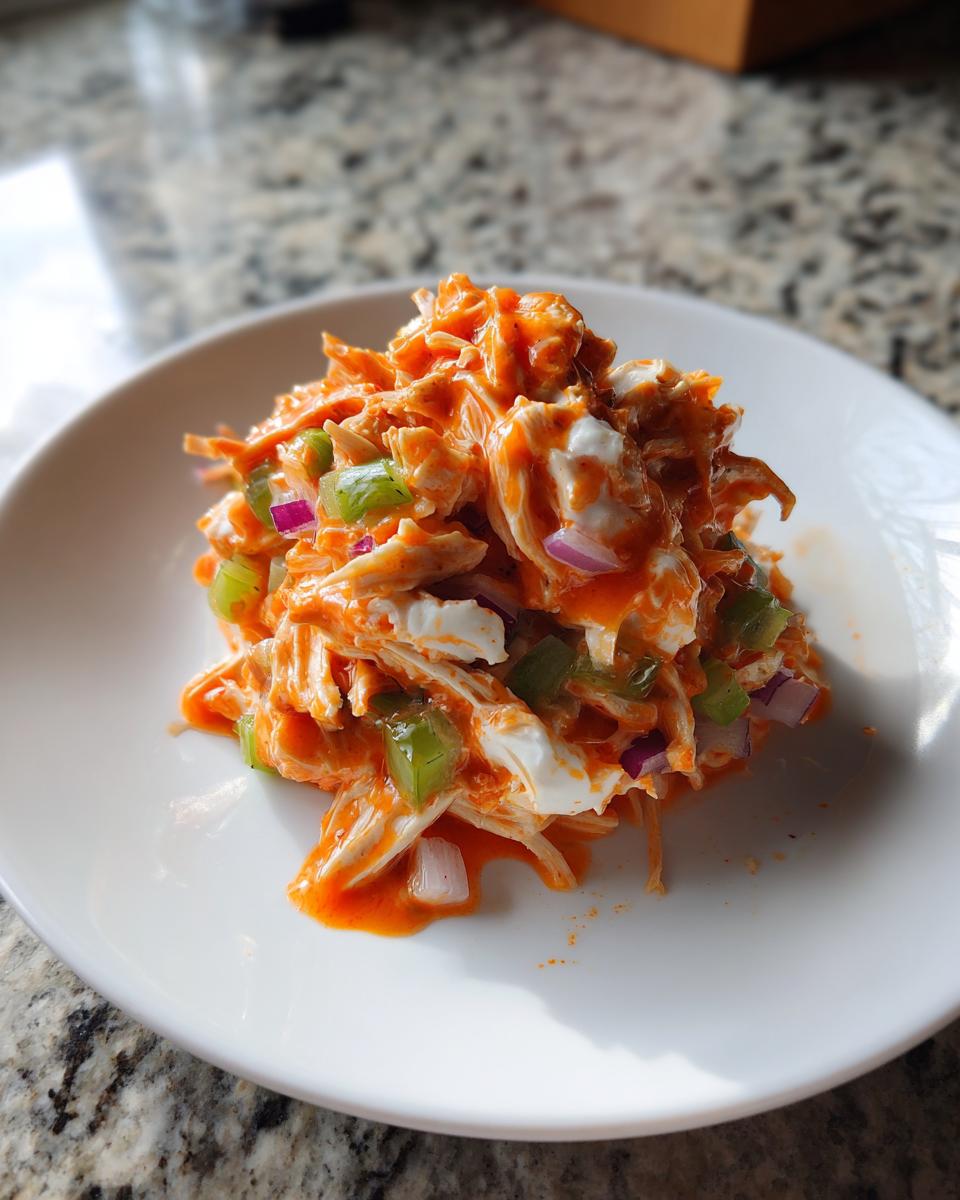 A scoop of vibrant orange buffalo chicken salad mixed with celery and red onion served on a white plate.