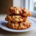 Three thick caramel apple cookies stacked on a white plate, generously drizzled with gooey caramel sauce.