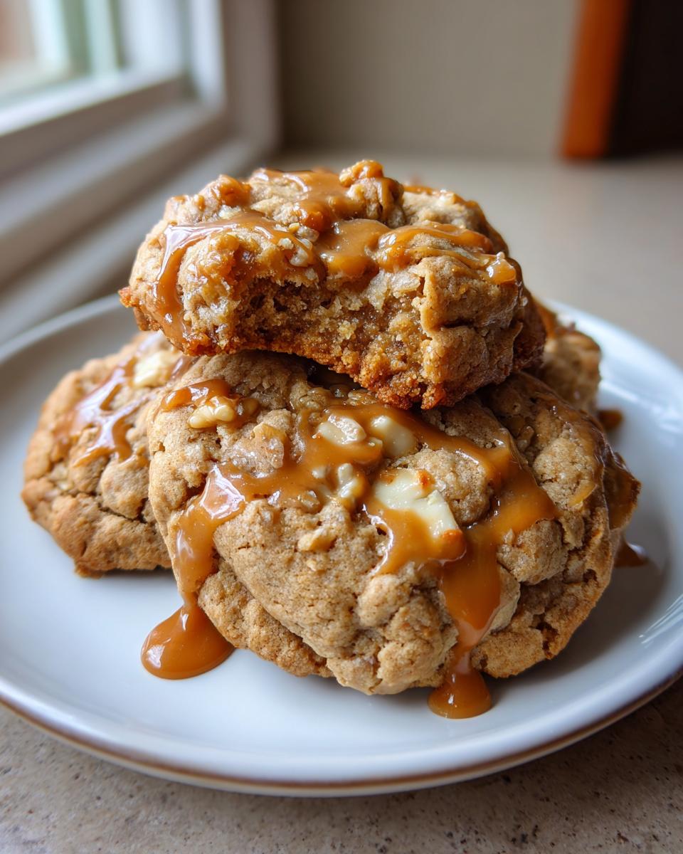 A stack of soft caramel apple cookies generously drizzled with thick caramel sauce, one cookie is broken open.