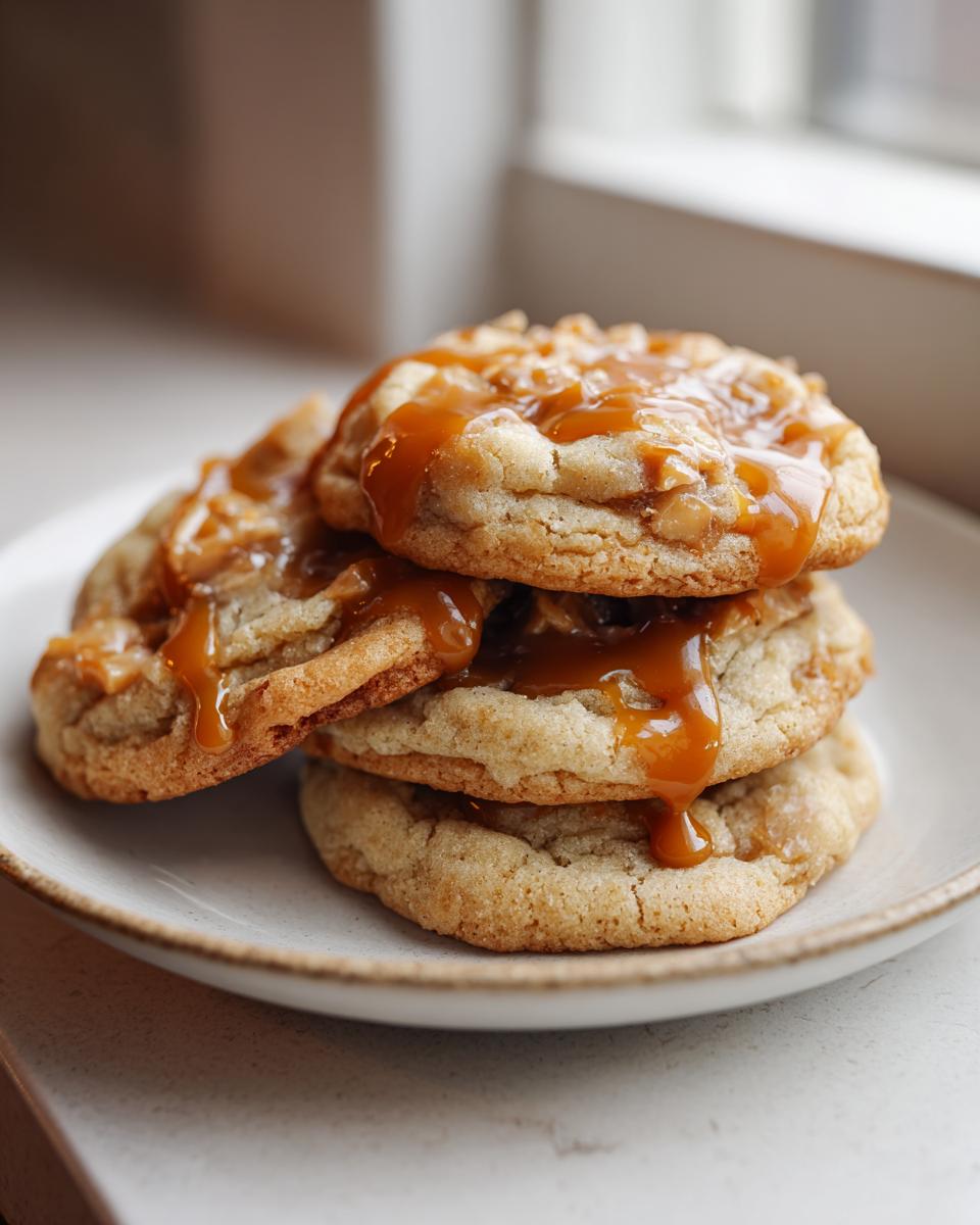 A stack of three soft caramel apple cookies generously topped with dripping caramel sauce.
