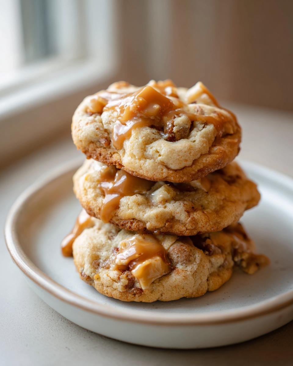A stack of three soft caramel apple cookies drizzled generously with caramel sauce.