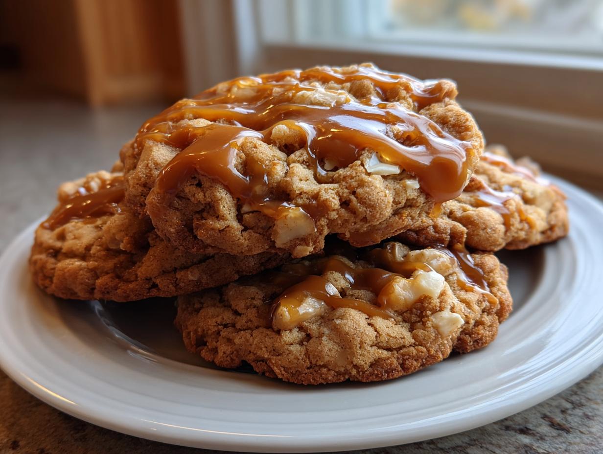 A stack of three soft caramel apple cookies generously topped with thick caramel drizzle.