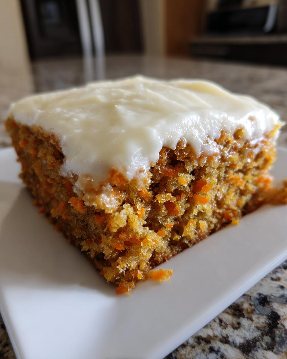 Close-up of a square slice of moist carrot cake recipe topped with thick cream cheese frosting.