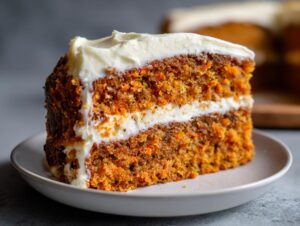 Close-up of a thick slice of carrot cake recipe showing two layers of moist cake and cream cheese frosting.