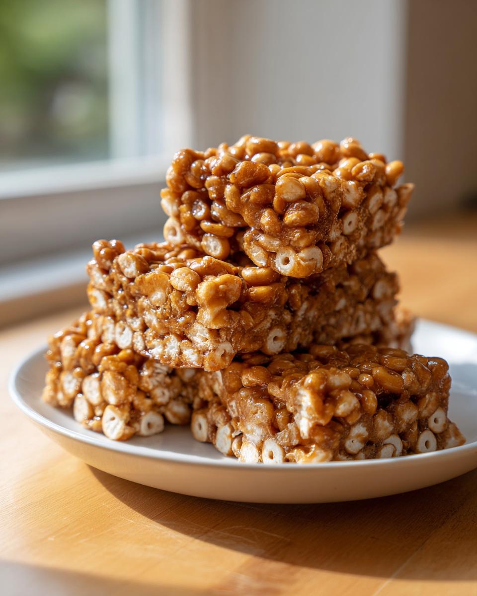 A stack of gooey, golden brown cheerio bars resting on a white plate near a window.