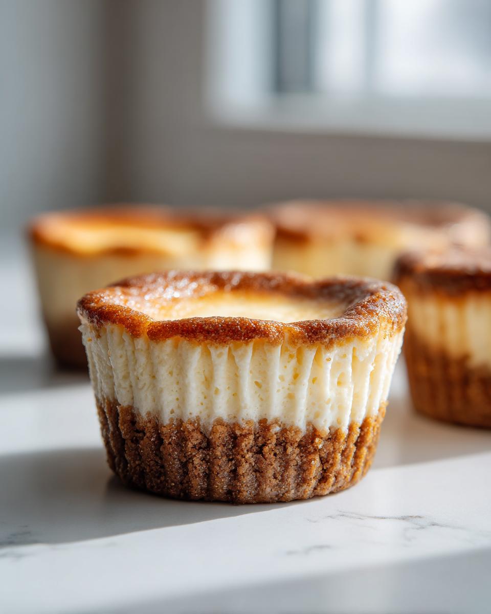 A close-up of a perfectly baked cheesecake cupcake showing the graham cracker crust and creamy filling.