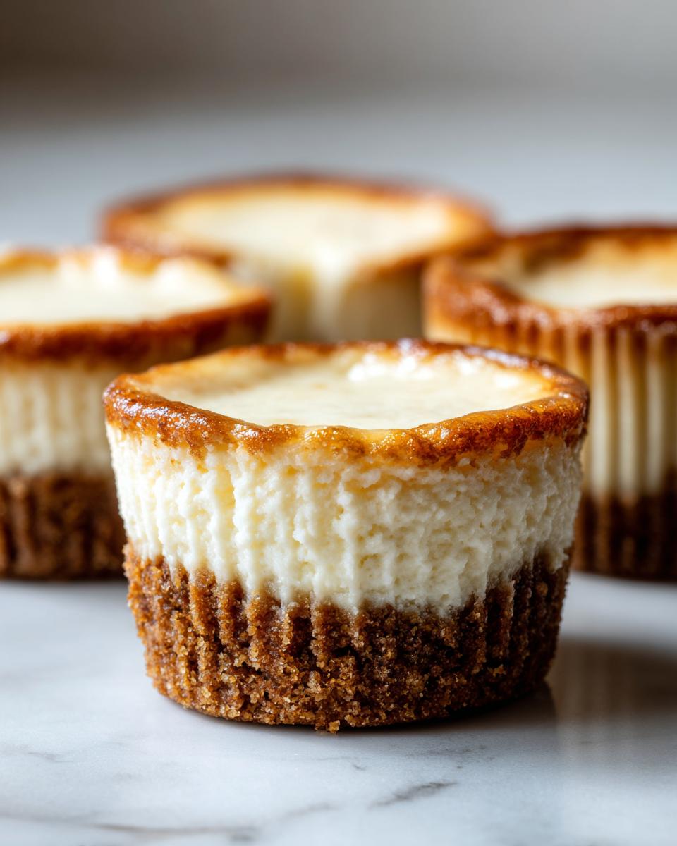 A close-up of several baked cheesecake cupcakes showing a creamy white filling and browned edges on a white marble surface.