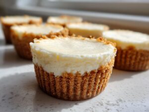 A close-up of a single, perfectly formed cheesecake cupcake showing a thick graham cracker crust and creamy filling.