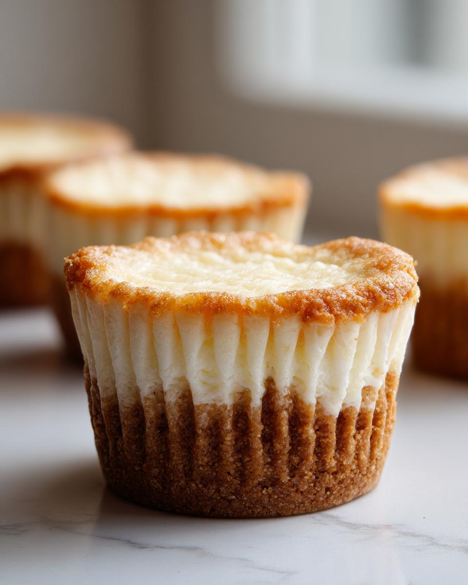 Close-up of a single, perfectly baked cheesecake cupcake showing the graham cracker crust and creamy filling.