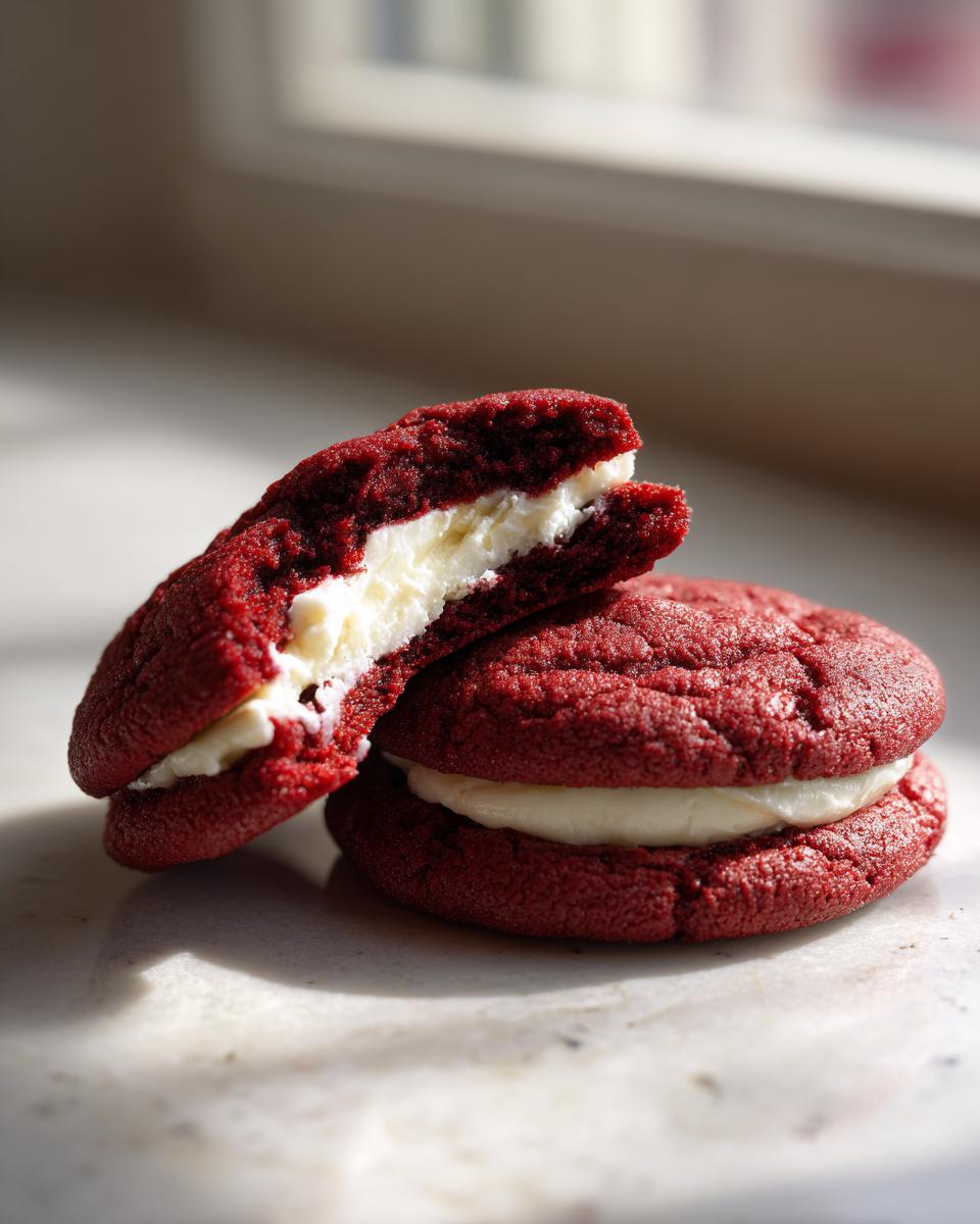 Two vibrant red velvet cookies filled with thick white cheesecake frosting, one cookie is broken in half.