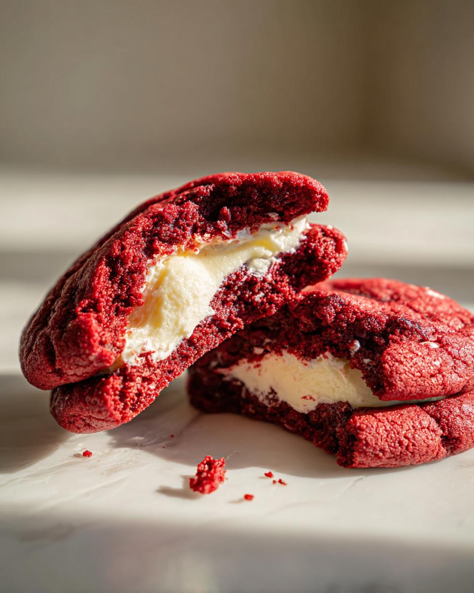 A close-up of cheesecake stuffed red velvet cookies, broken in half to show the creamy white filling.