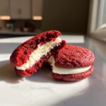 Two vibrant red velvet cookies, one cut in half to show the thick cheesecake filling, making cheesecake stuffed red velvet cookies.