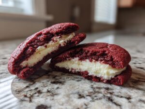 Two halves of a cheesecake stuffed red velvet cookie showing the thick, creamy white filling inside the rich red cookie.