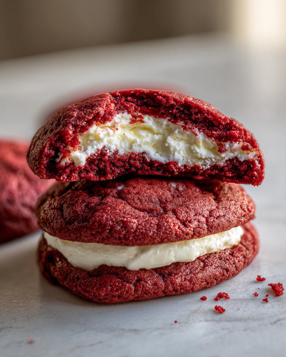 Close-up of two stacked cheesecake stuffed red velvet cookies, one half cut open revealing creamy filling.