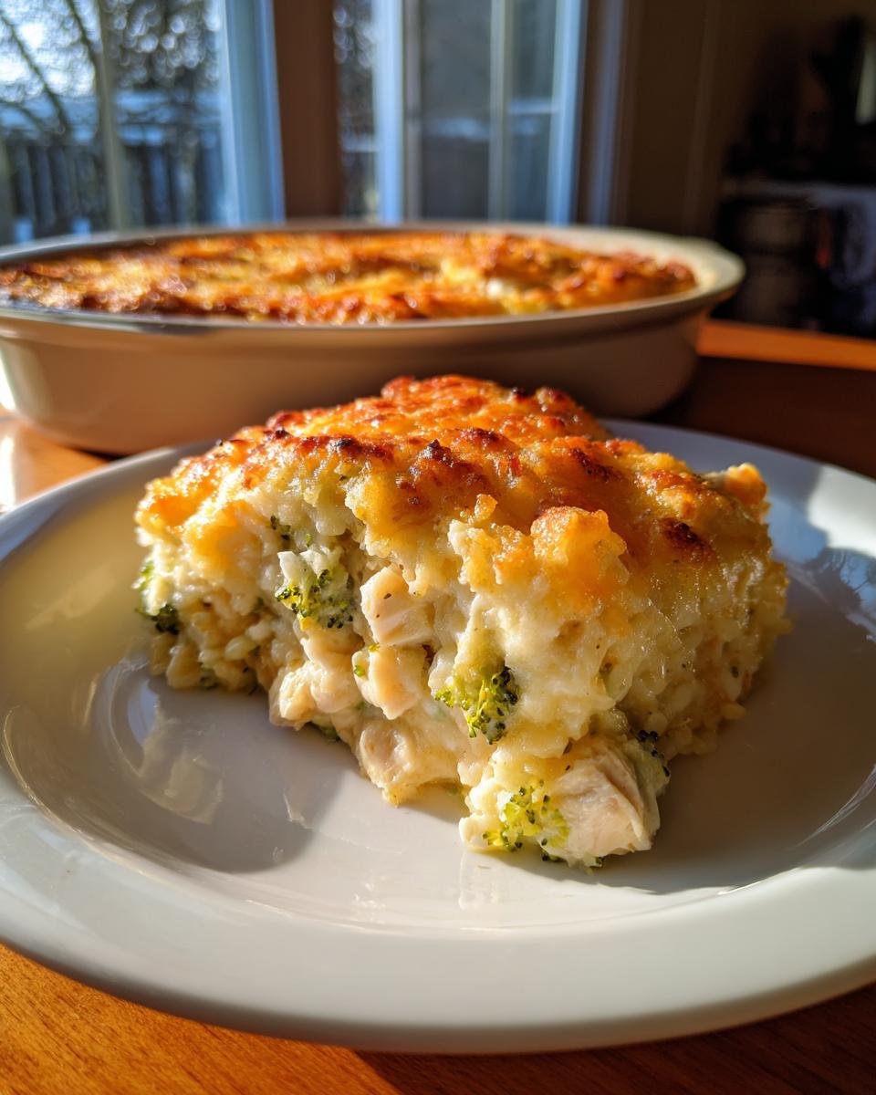 A generous slice of creamy chicken and broccoli rice casserole with a golden, bubbly cheese topping.