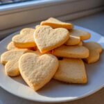 A pile of freshly baked, chewy heart-shaped sugar cookies resting on a white plate near a window.