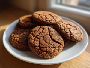 A close-up of several rich, dark molasses cookies piled on a white plate, featuring signature cracked sugar tops.