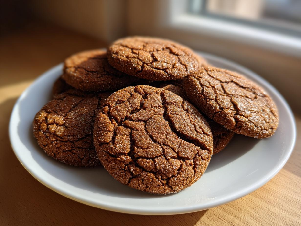 A close-up of several rich, dark molasses cookies piled on a white plate, featuring signature cracked sugar tops.