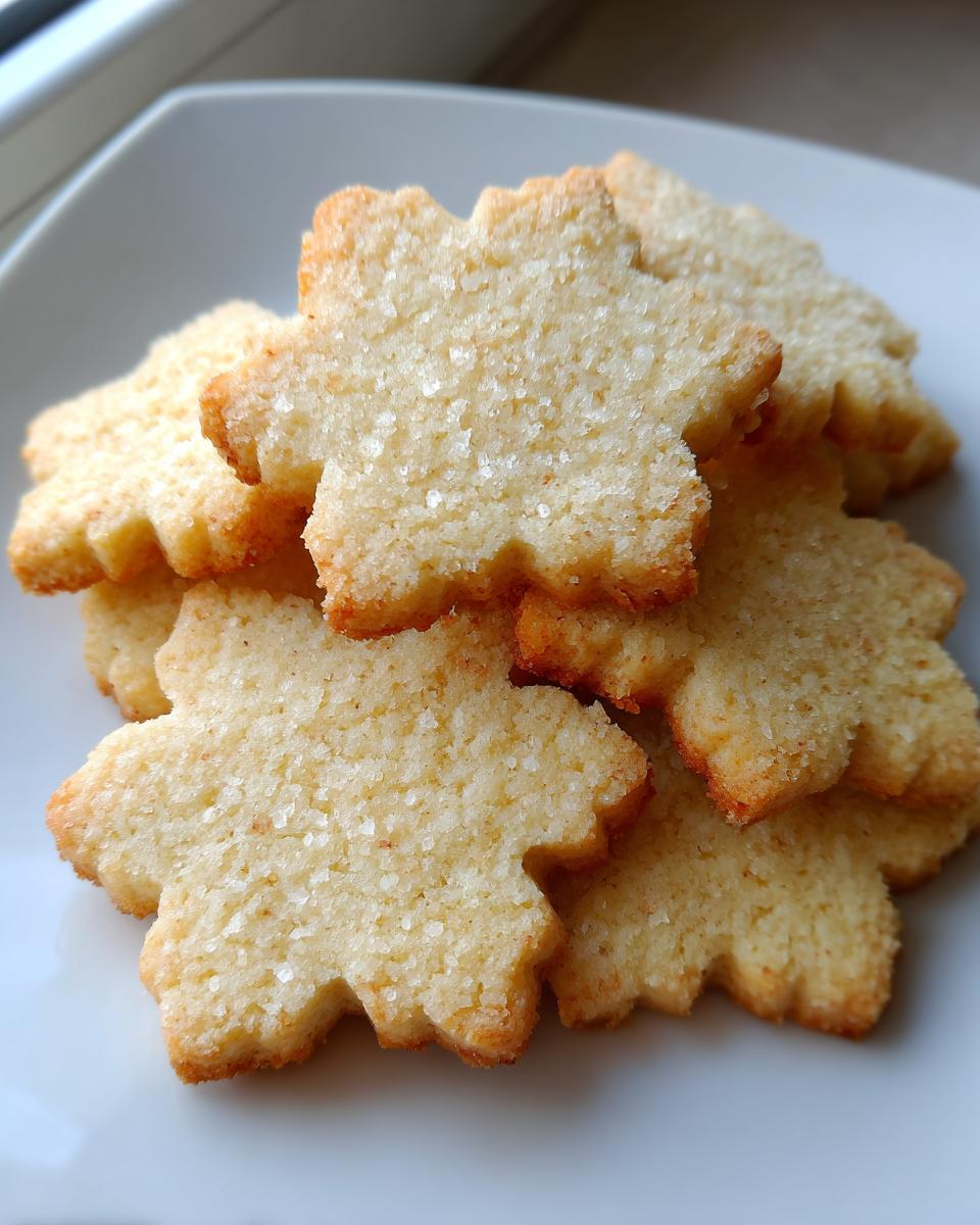 A stack of freshly baked, chewy sugar cookies cut into a flower or star shape, sprinkled with coarse sugar.