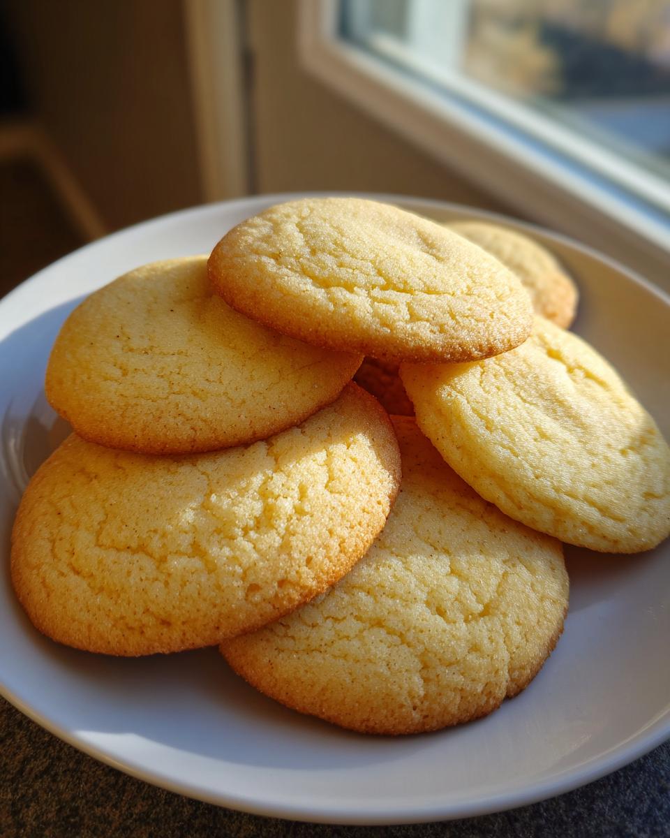 A stack of freshly baked, chewy sugar cookies resting on a white plate near a sunlit window.
