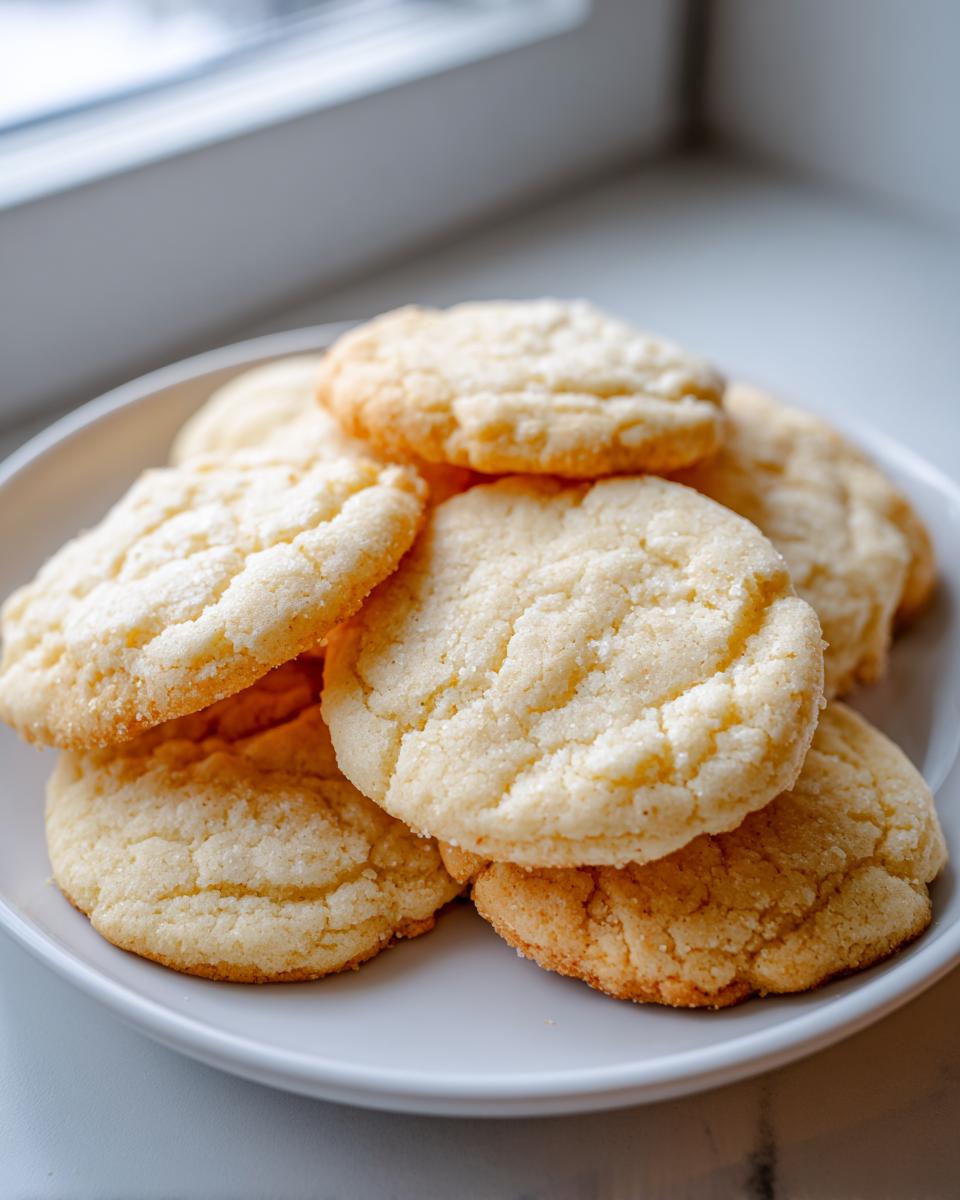 A stack of freshly baked, chewy sugar cookies with a slightly crinkled top, resting on a light gray plate near a window.