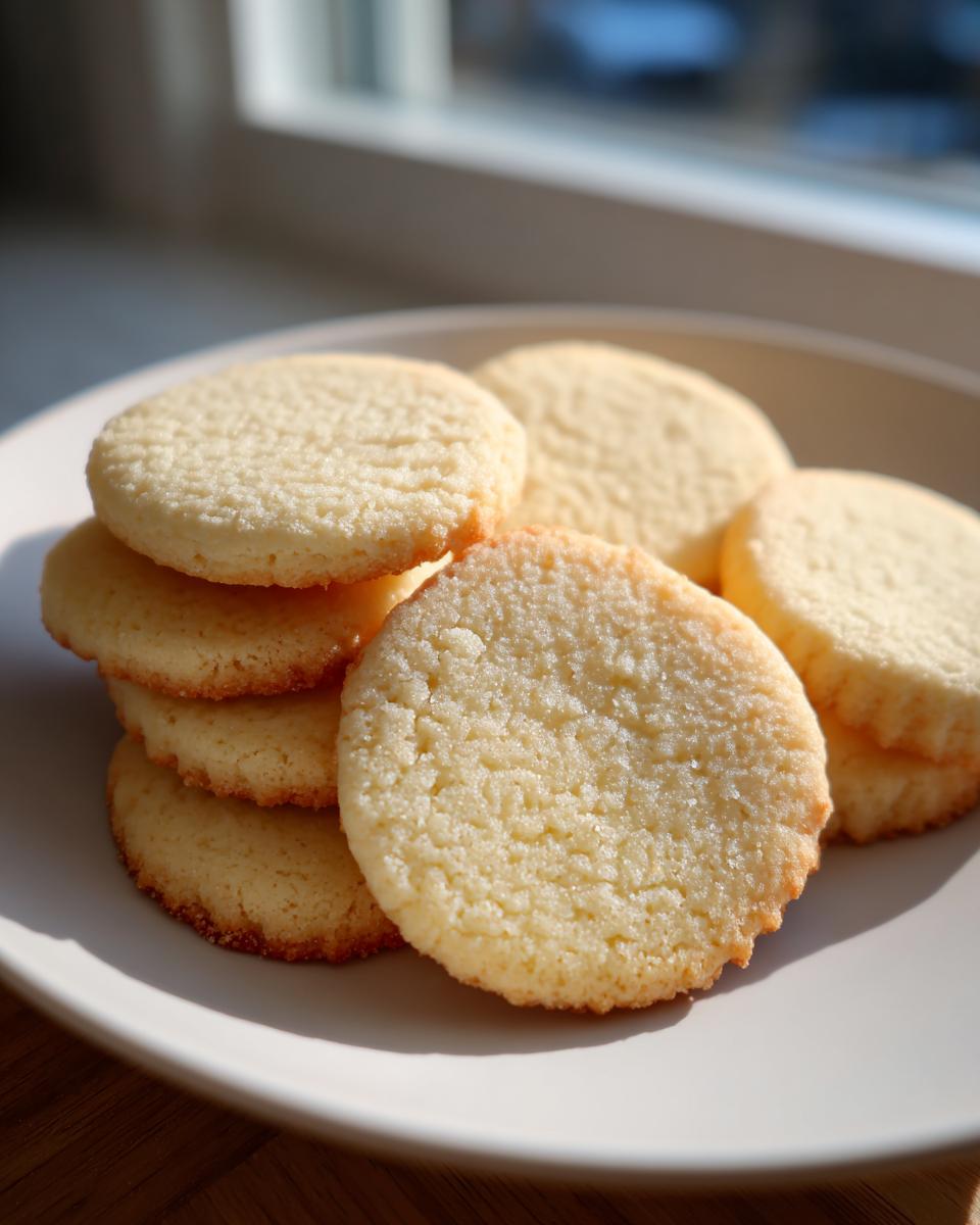 A stack of golden, chewy sugar cookies resting on a white plate near a sunlit window.