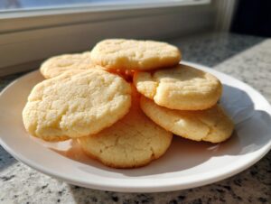 A stack of freshly baked, chewy sugar cookies resting on a white plate near a window.