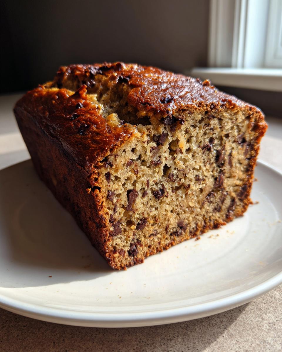A close-up of a freshly baked slice of moist chocolate chip banana bread on a white plate.