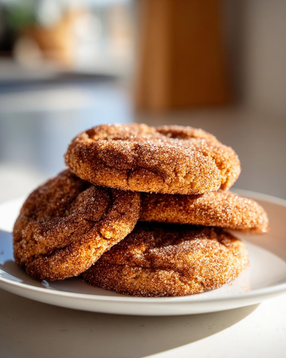 A close-up stack of four soft, thick churro cookies heavily coated in cinnamon sugar, resting on a white plate.