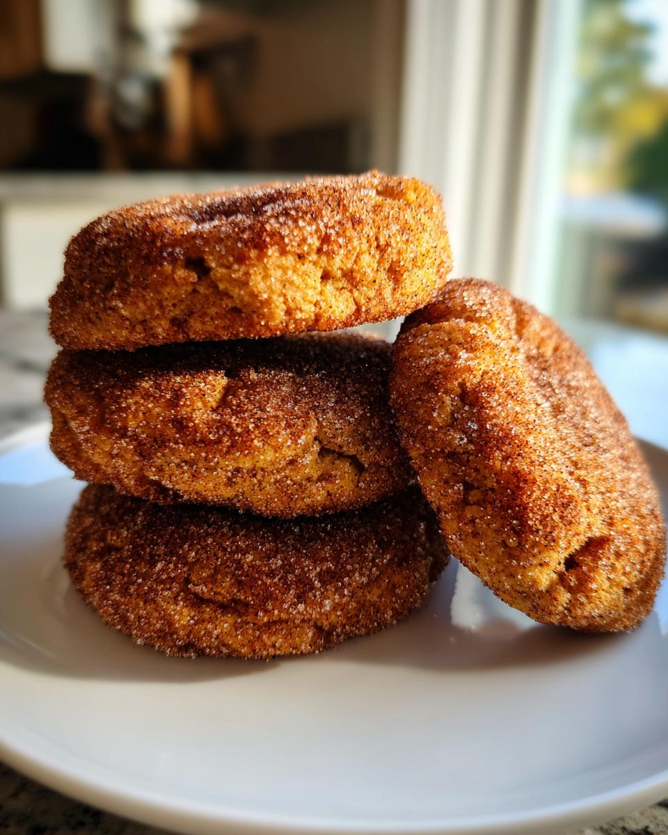 A stack of four golden brown churro cookies heavily coated in cinnamon sugar resting on a white plate.