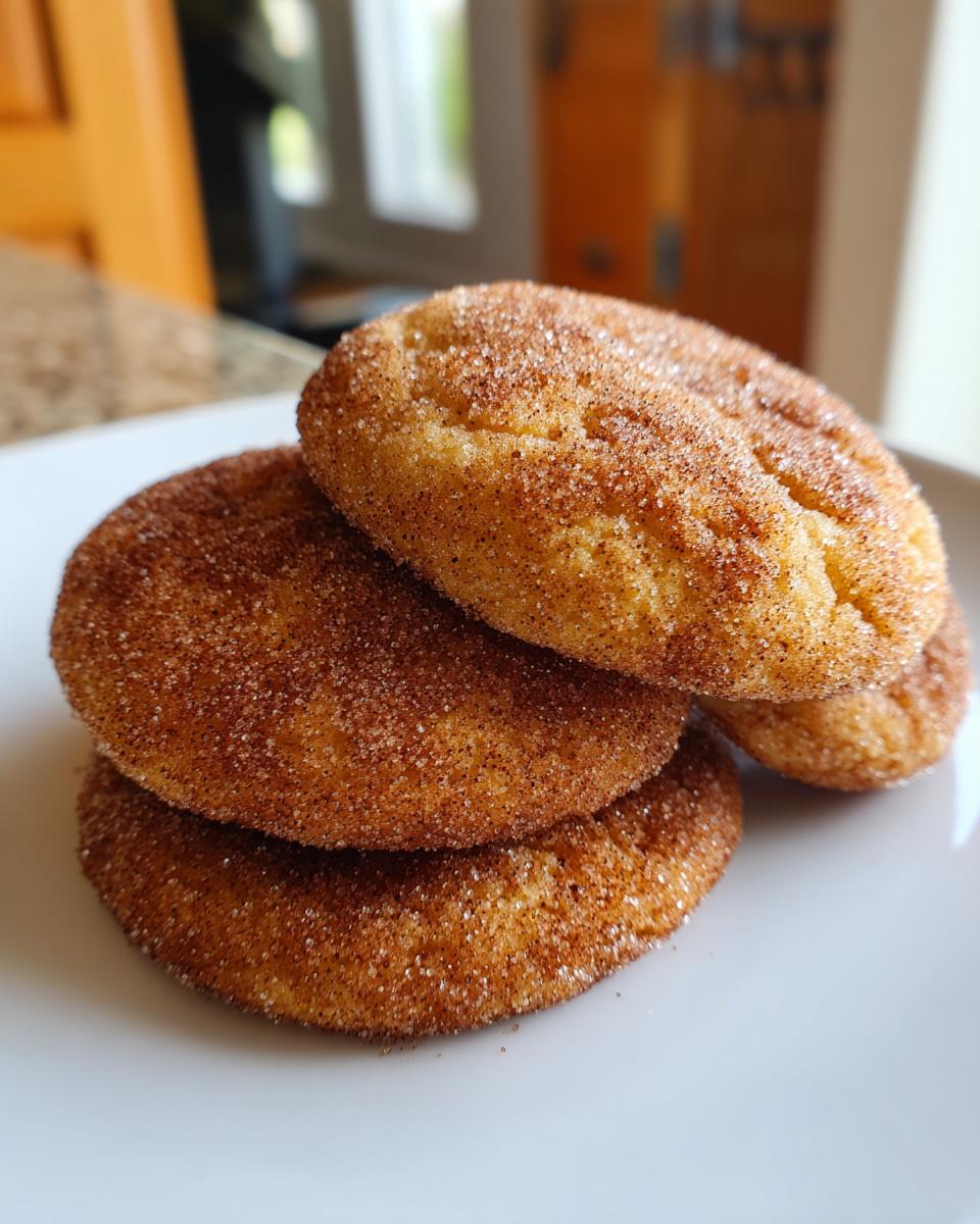 A stack of three golden brown churro cookies generously coated in cinnamon sugar, resting on a white plate.
