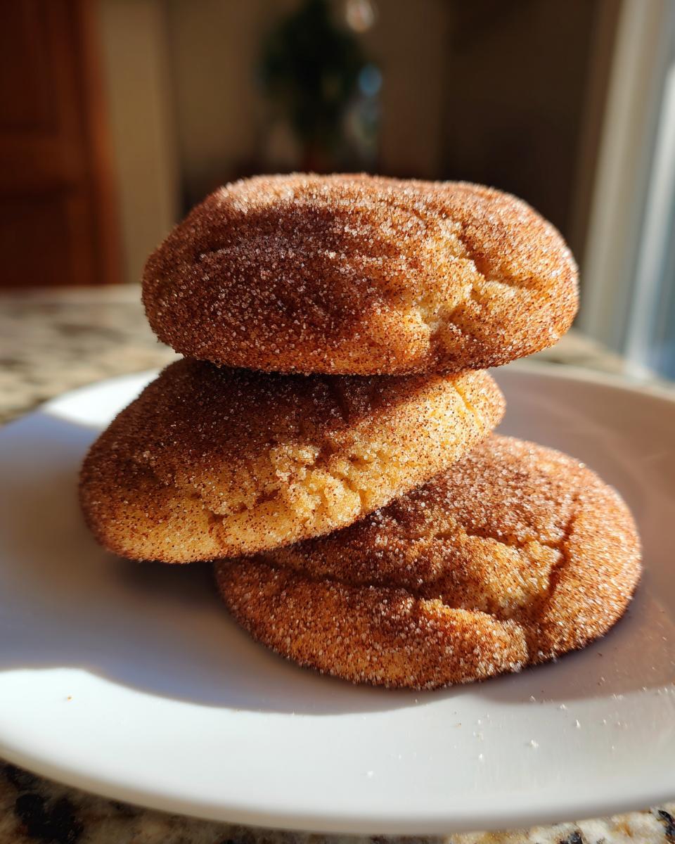 Three delicious churro cookies stacked on a white plate, heavily coated in cinnamon sugar.
