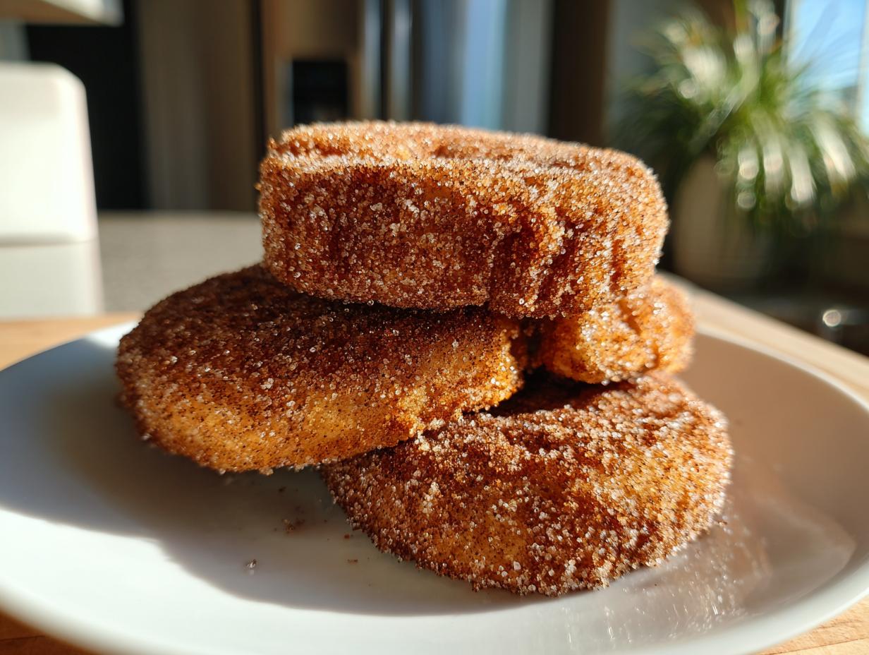 A stack of three freshly made churro cookies heavily coated in sparkling cinnamon sugar, resting on a white plate.