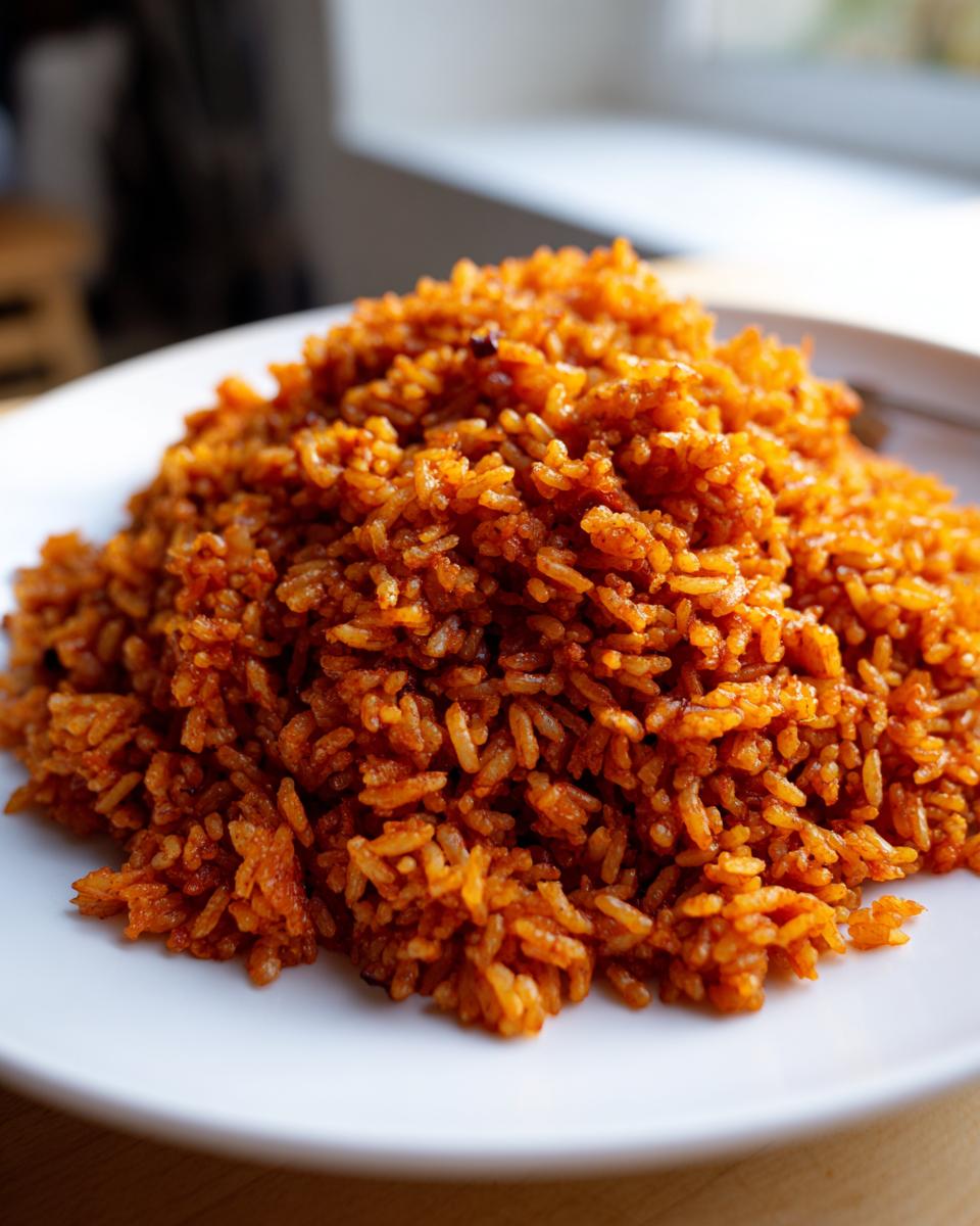 A close-up, appetizing mound of vibrant red jollof rice served on a white plate near a window.