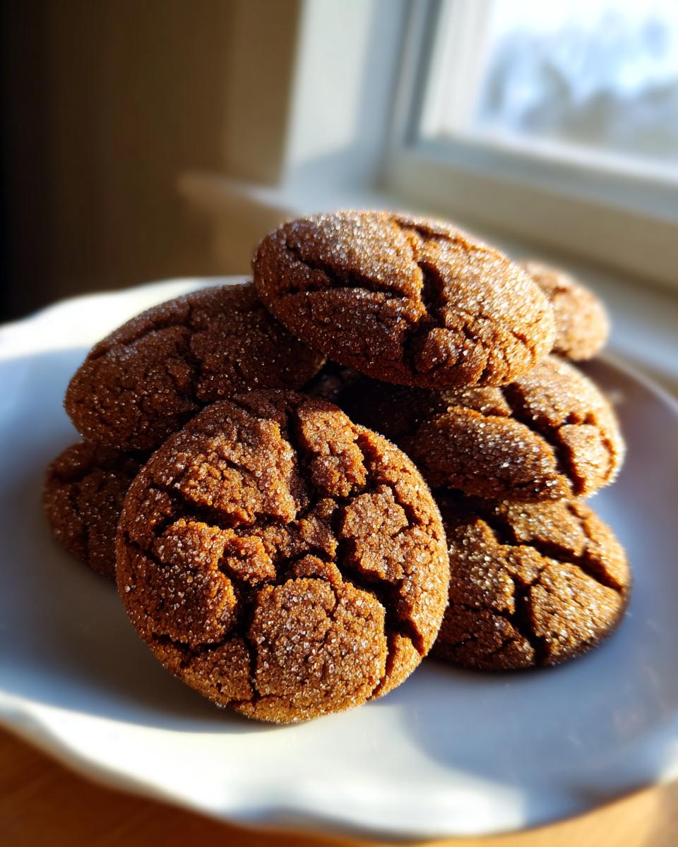 A stack of rich, dark molasses cookies with cracked tops coated in sugar crystals.