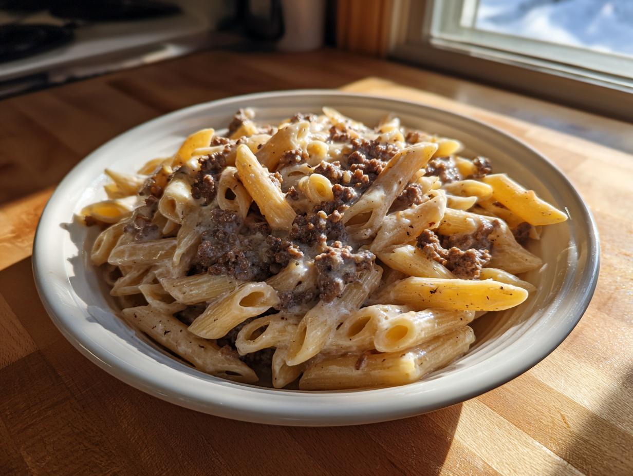 A bowl of creamy beef pasta featuring penne noodles coated in a rich white sauce and ground beef topping.