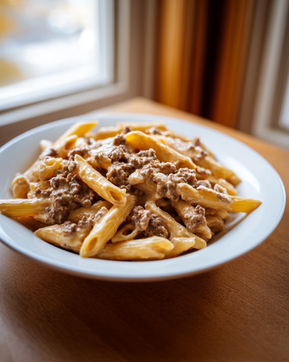 A white bowl filled with creamy beef pasta featuring penne noodles coated in a rich sauce and ground beef.