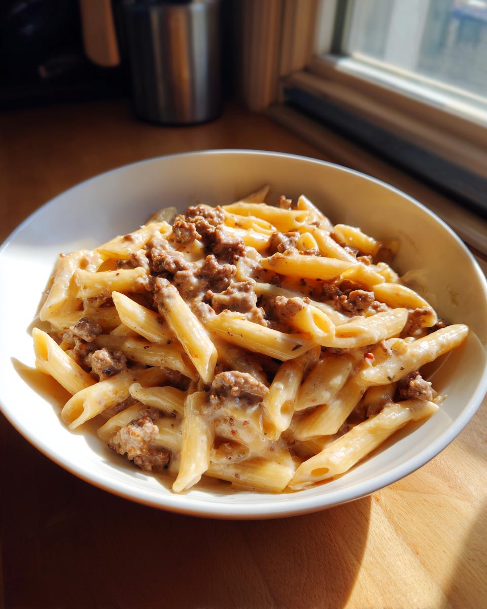 A white bowl filled with creamy beef pasta featuring penne noodles and ground beef in a rich sauce.