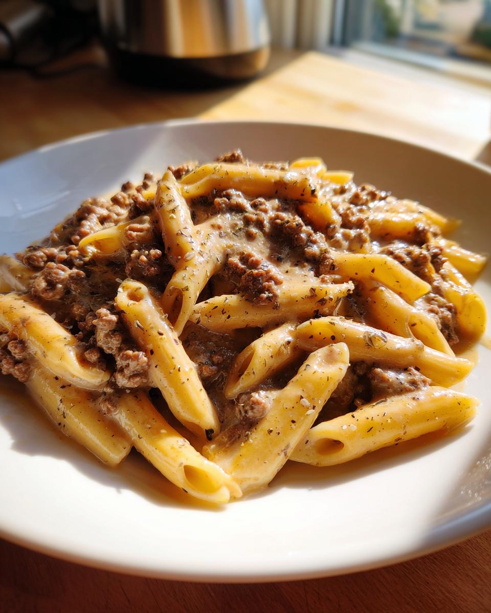 Close-up of creamy beef pasta featuring penne noodles coated in a rich sauce with ground beef and herbs.