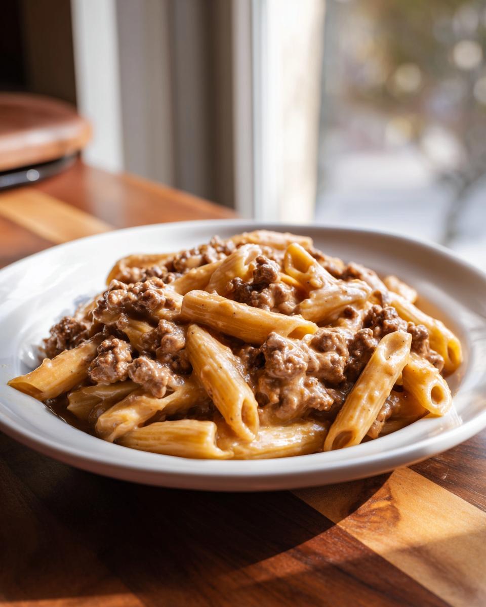 A close-up of a bowl of creamy beef pasta made with penne, rich in sauce and ground beef.