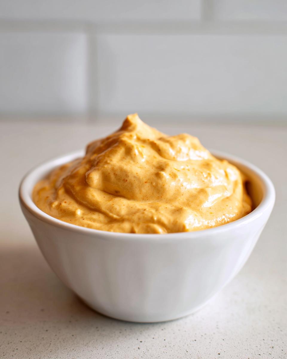 A close-up of thick, creamy orange beer cheese dip mounded high in a small white bowl.