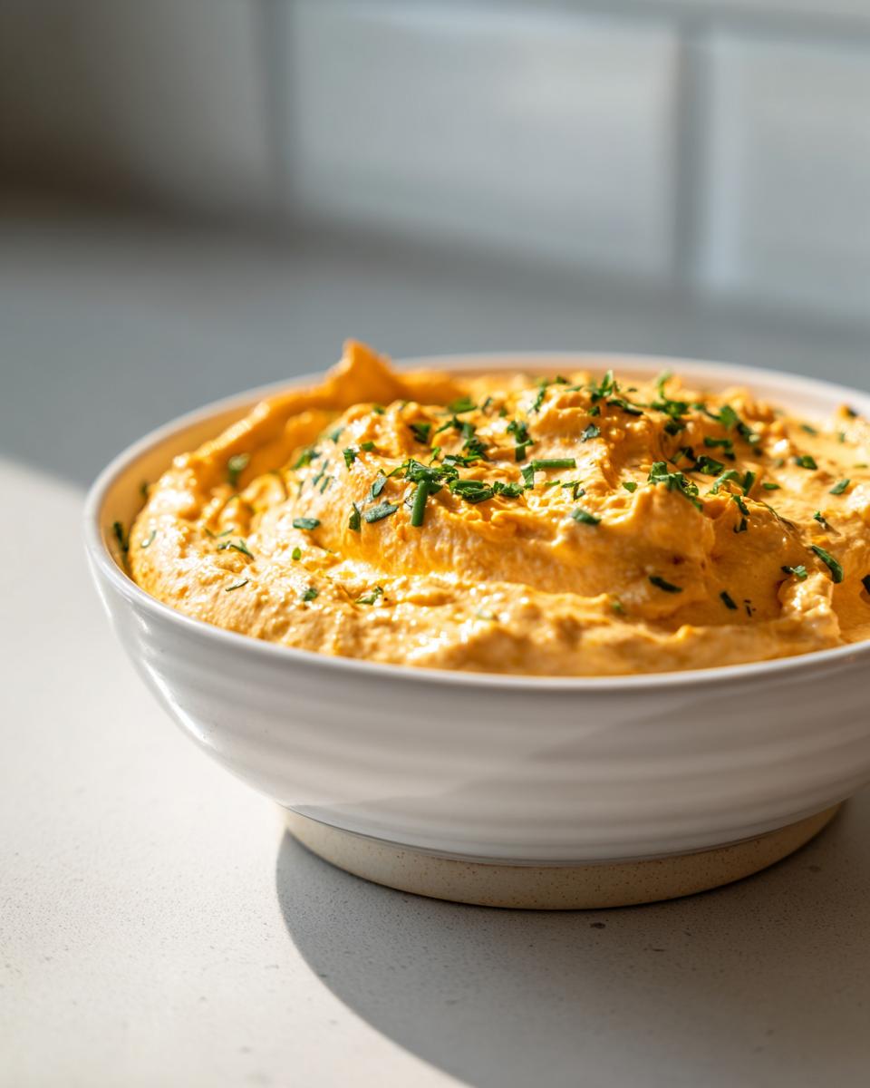 A close-up of creamy, orange beer cheese dip garnished with fresh chopped chives in a white bowl.